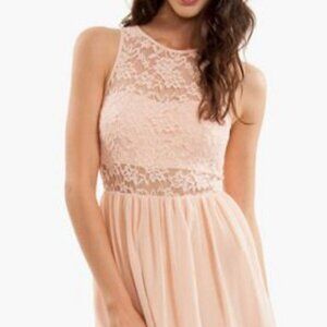 Pink Sleeveless Lace Overlay Skater Dress Sheer Back Zipper sz L party dress